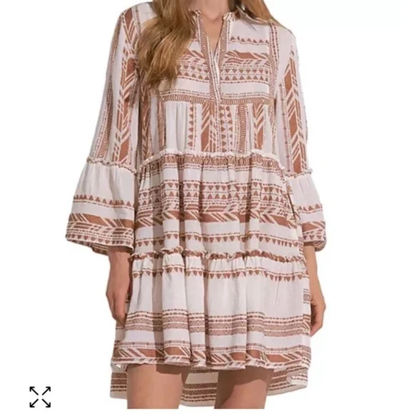 Elan Clara Orange White Embroidered Boho Mini Dress Bell Sleeve Pockets S - Picture 1 of 9